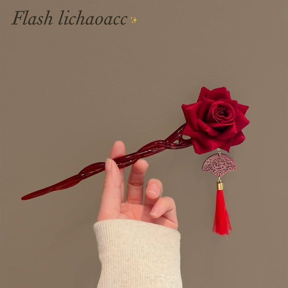 Retro senior sense of red rose hairpin temperament plate hairpin flower female New Year festive atmosphere sense of hairpin head flower hair accessories