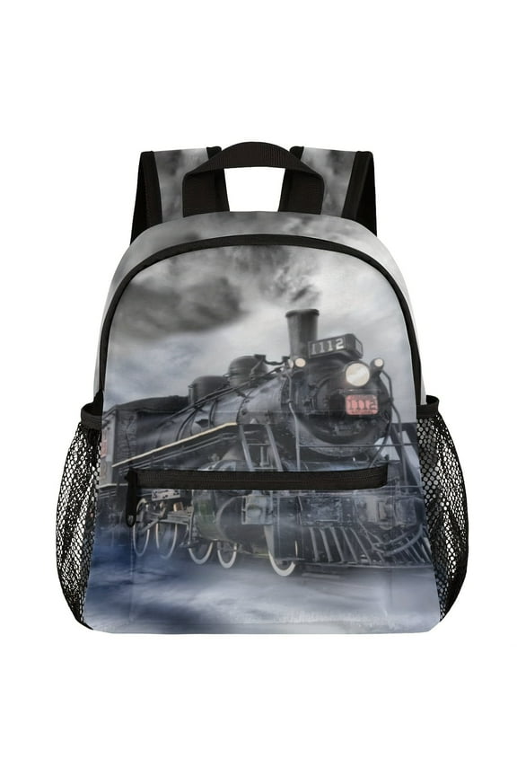 Retro steam train theme leisure backpack; lightweight commuting travel bag; multi-functional student rucksack.