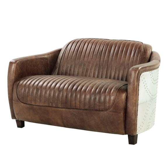 Retro - style Loveseat | Supportive Lounging with High Back | Brown Leather and Aluminum Design | Quick Addition to Living Room