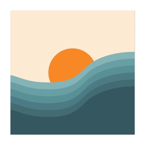 Retro style abstract sunset landscape - Illustration Abstract Minimalist Ocean Sunset Waves Coastal Geometric Unframed Wall Art Print 6 x 6 inches