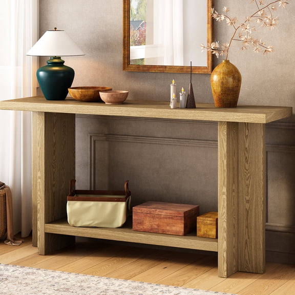 Retro-style console table with natural ash veneer finish and T-legs is ideal for residential use in various rooms and easy to assemble