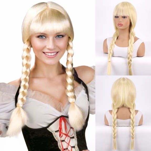 Retro sweet style light gold double braided wig with bangs - high temperature silk material for daily stage styling
