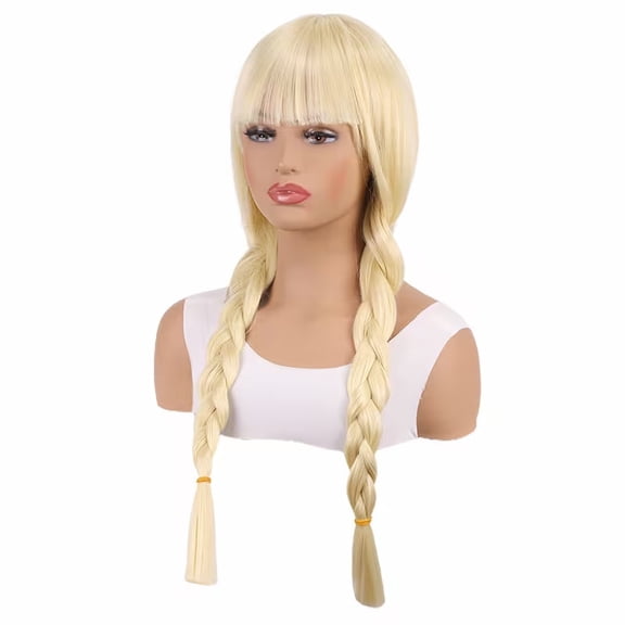 Retro sweet style light gold double braided wig with bangs - high temperature silk material for daily stage styling