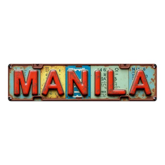 Retro tin signs 16*4 in rusty red text license plate style"MANILA word on old metal sheets" indie room decor beach posters metal wall art garage embossed letters