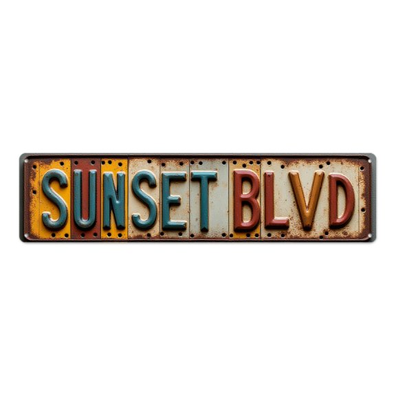 Retro tin signs vintage 16*4 in durable metal rustic charm"SUNSET BLVD" wall decor cool apartment decor grunge wall decor garage embossed text
