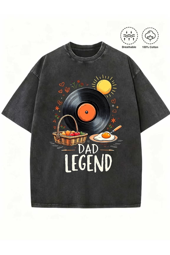 Retro washed T-shirt - Classic Old Man Legend T-shirt with colorful vinyl record illustration. Clear sky basket 01 - Trendy hip-hop androgynous couple outfit. Suitable for outdoor parties.