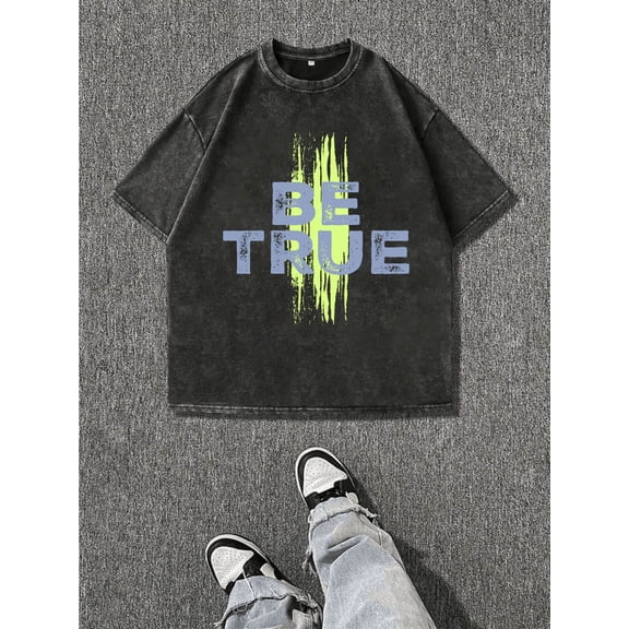 Retro washed black T-shirt for street style, featuring light blue and green graffiti prints. Suitable for summer and all-season casual wear. The slogan design.
