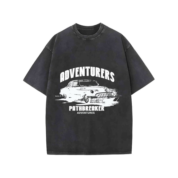 Retro washed print T-shirt - Men's and Women's Same Style Round-neck Short-sleeved "Explorer Pioneer" Vintage Car Pattern Shirt - Ideal for Daily Casual Wear