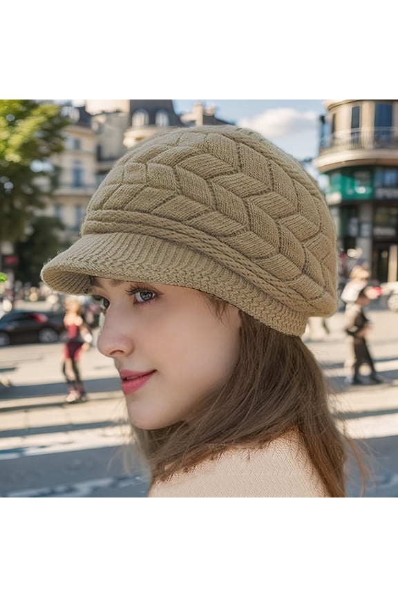 Retro women's winter warm knitted cap, cold weather running, camping, walking fashionable skiing cap with sun hat