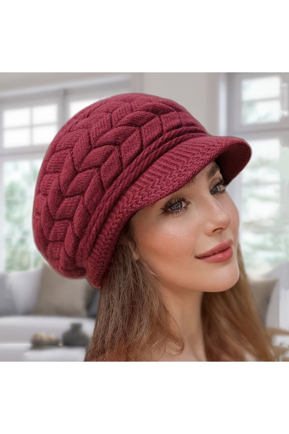 Retro women's winter warm knitted cap, cold weather running, camping, walking fashionable skiing cap with sun hat