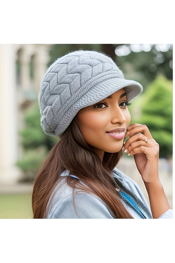 Retro women's winter warm knitted cap, cold weather running, camping, walking fashionable skiing cap with sun hat