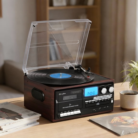 RetroAudio Record Player 10 in 1 3 Speed Bluetooth in/out Turntable CD Cassette Player AM/FM Radio USB/SD Recorder Aux-in RCA Line-Out,Red