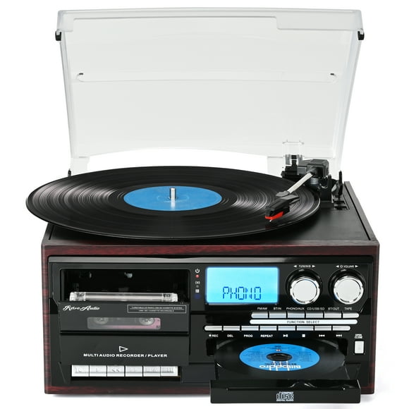 RetroAudio Record Player 10 in 1 3 Speed Bluetooth in/out Turntable CD Cassette Player AM/FM Radio USB/SD Recorder Aux-in RCA Line-Out,Red