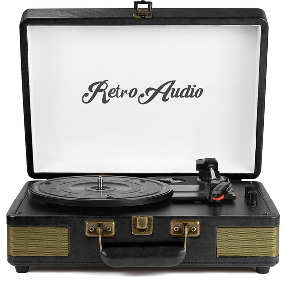 RetroAudio Vinyl Record Player 3-Speed Turntable with Bluetooth, Suitcase Portable Vintage Audio Turntable with Built-in Speakers, Black
