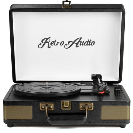 RetroAudio Vinyl Record Player 3-Speed Turntable with Bluetooth, Suitcase Portable Vintage Audio Turntable with Built-in Speakers, Black