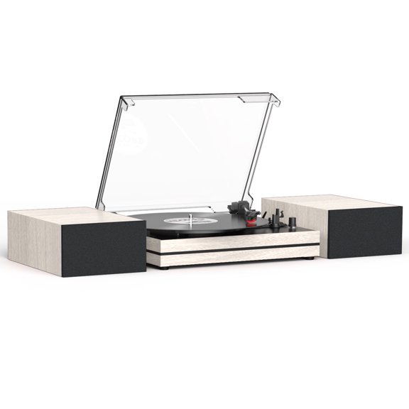 RetroAudio Vinyl Record Player Bluetooth Turntable with Bookshelf Speakers 3-Speed Belt-Driven,Beige