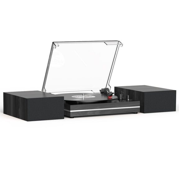 RetroAudio Vinyl Record Player with Bookshelf Speakers 3-Speed Belt-Driven Audio Turntable Bluetooth Auto Stop,Black