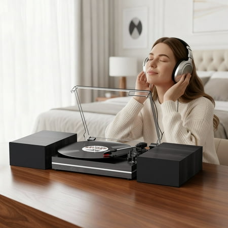 RetroAudio Vinyl Record Player withTwo Stereo Speakers, Bluetooth Vintage Audio Turntable with 3 Speed, AUX Headphone Input & RCA Out ,Auto Stop,Black