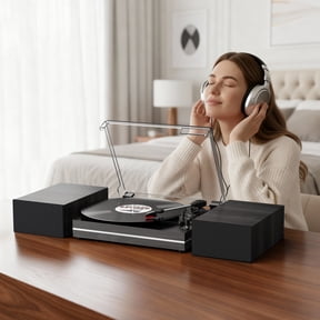 RetroAudio Vinyl Record Player withTwo Stereo Speakers, Bluetooth Vintage Audio Turntable with 3 Speed, AUX Headphone Input & RCA Out ,Auto Stop,Black