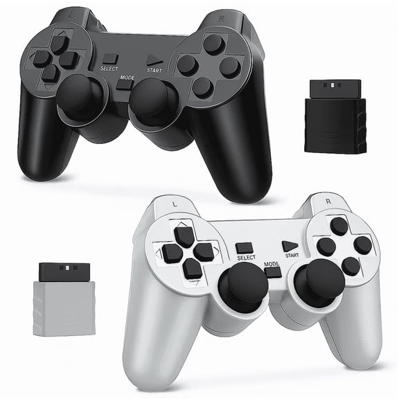 RetroFam 2 Pack PS2 Controller Playstation 2 Wireless Controller, Black & Silver