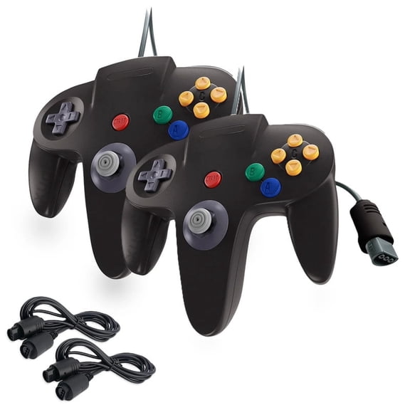 RetroFam 2 Pack Wired Compatible N64 Controller for Nintendo 64 N64 Game Console with 6ft Extension Cable, Black