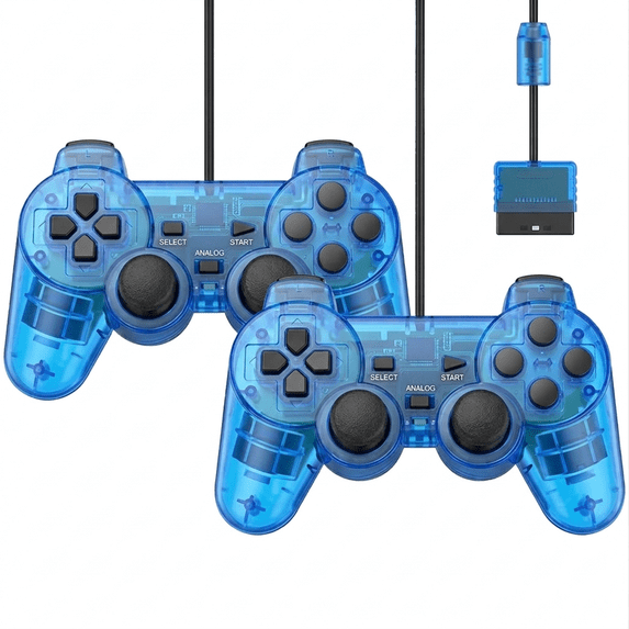 RetroFam 2 Pack Wired Controller Compatible for PlayStation 2 PS2 Game Console, Transparent Blue