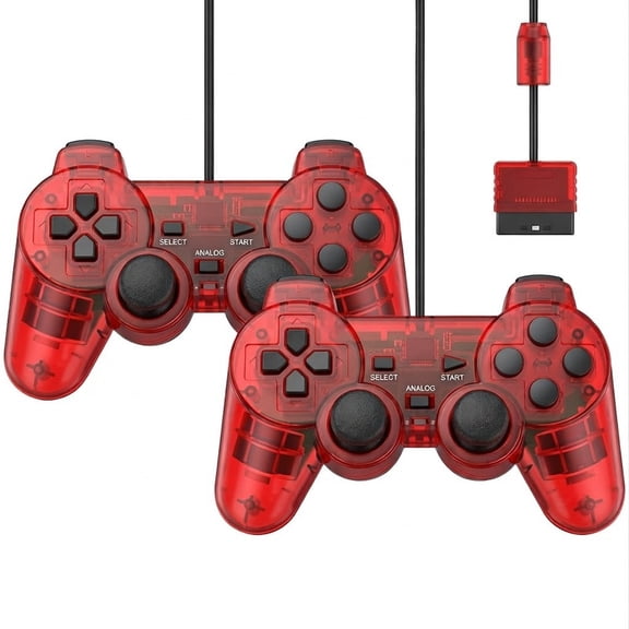 RetroFam 2 Pack Wired Controller Compatible for PlayStation 2 PS2 Game Console, Transparent Red