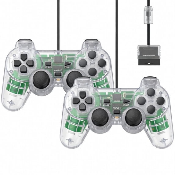 RetroFam 2 Pack Wired Controller Compatible for PlayStation 2 PS2 Game Console, Transparent