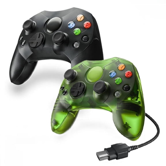 RetroFam 2 Pack Wired Game Controller -Compatible with Xbox Original Game Console – Duke Style, Black & Clear Green