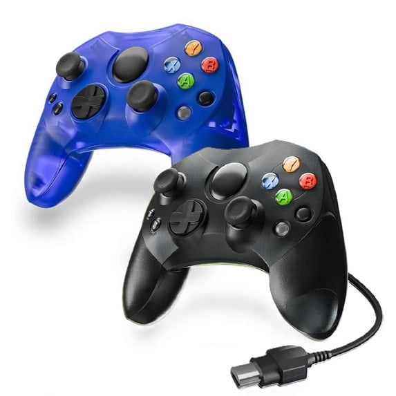 RetroFam 2 Pack Wired Game Controller - Compatible with Xbox Original Game Console – Duke Style, Clear Blue & Black