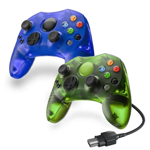 RetroFam 2 Pack Wired Game Controller - Compatible with Xbox Original Game Console – Duke Style, Clear Blue & Clear Green
