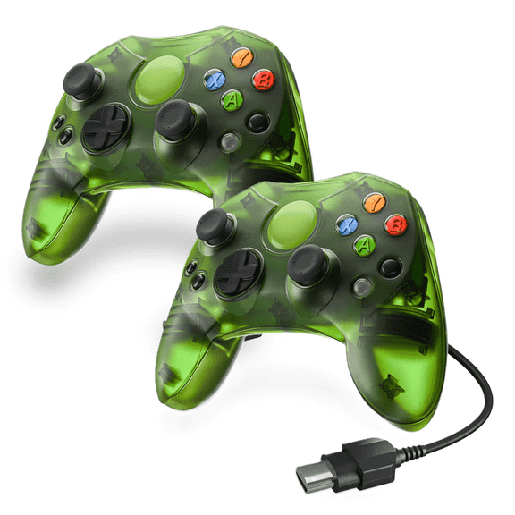 RetroFam 2 Pack Wired Game Controller -Compatible with Xbox Original Game Console – Duke Style, Clear Green