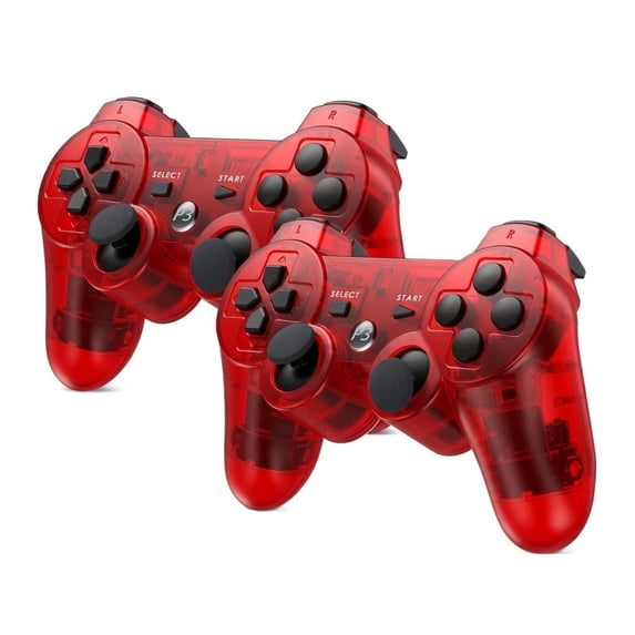 RetroFam 2 Pack Wireless Controller compatible for Playstation PS3 Console, Transparent Red