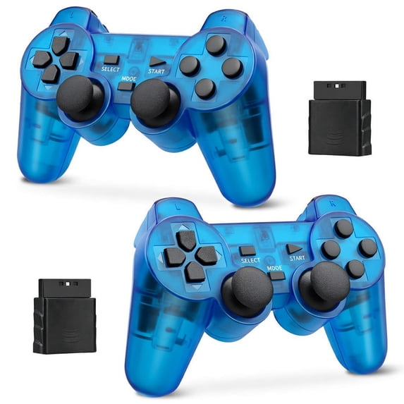 RetroFam 2 Pack compatible PS2 Controller Wireless for Playstation 2 PS2 Console, Transparent Blue
