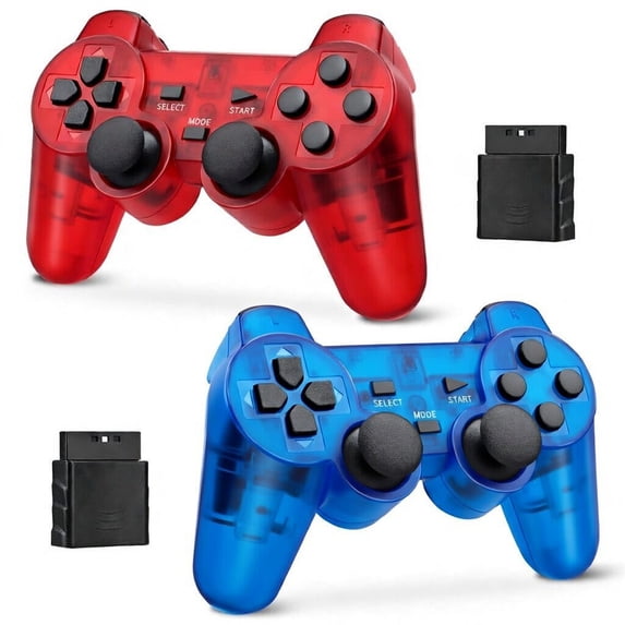 RetroFam 2 Pack compatible PS2 Controller Wireless for Playstation 2 PS2 Console, Transparent Red & Blue