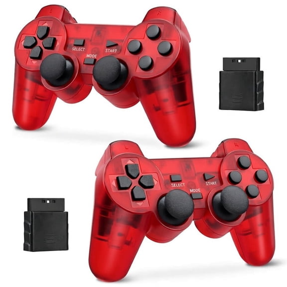 RetroFam 2 Pack compatible PS2 Controller Wireless for Playstation 2 PS2 Console, Transparent Red