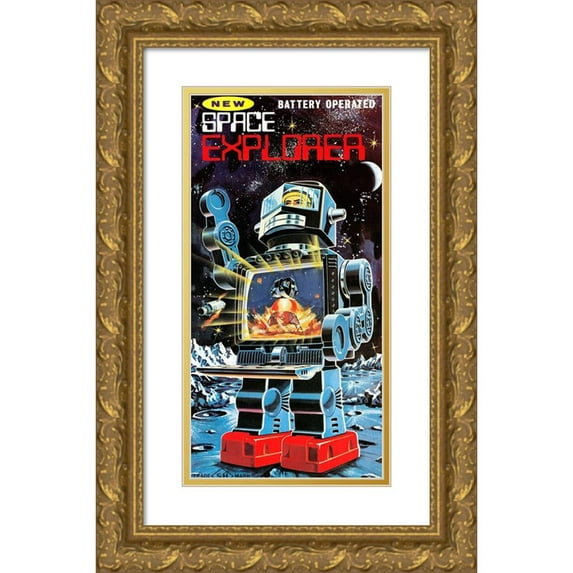 Retrobot 11x18 Gold Ornate Wood Framed with Double Matting Museum Art Print Titled - Battery Operated Space Explorer