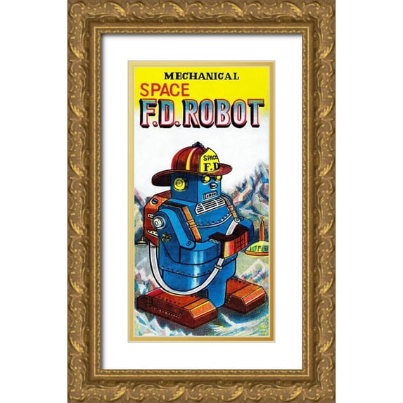 Retrobot 11x18 Gold Ornate Wood Framed with Double Matting Museum Art Print Titled - Mechanical Space Fire Department Robot