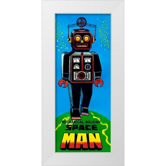 Retrobot 12x24 White Modern Wood Framed Museum Art Print Titled - Mechanical Walking Space Man