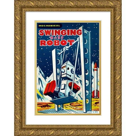 Retrobot 14x18 Gold Ornate Wood Framed with Double Matting Museum Art Print Titled - Swinging Baby Robot