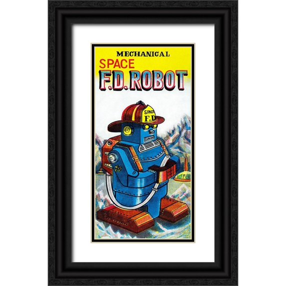 Retrobot 14x24 Black Ornate Wood Framed with Double Matting Museum Art Print Titled - Mechanical Space Fire Department Robot