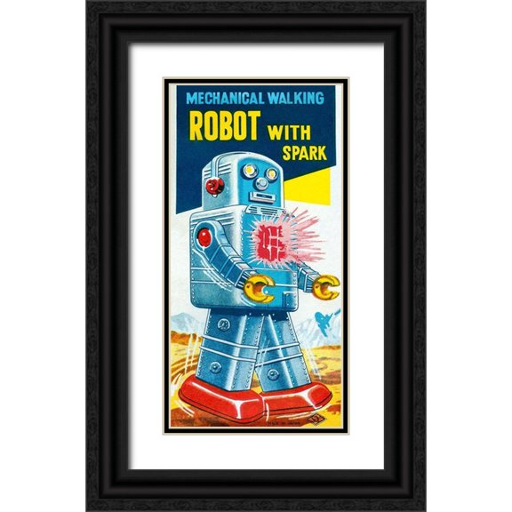 Retrobot 14x24 Black Ornate Wood Framed with Double Matting Museum Art Print Titled - Mechanical Walking Robot with Spark