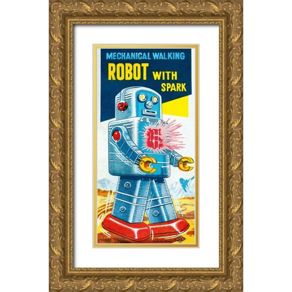 Retrobot 14x24 Gold Ornate Wood Framed with Double Matting Museum Art Print Titled - Mechanical Walking Robot with Spark
