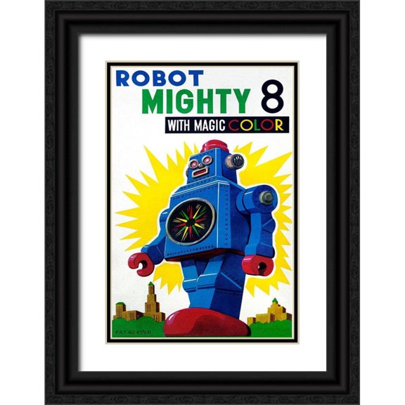 Retrobot 17x24 Black Ornate Wood Framed with Double Matting Museum Art Print Titled - Robot Mighty 8 with Magic Color