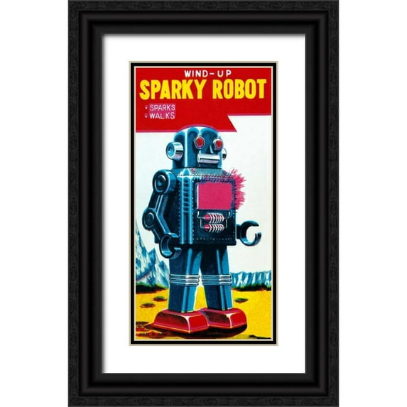 Retrobot 18x32 Black Ornate Wood Framed with Double Matting Museum Art Print Titled - Sparky Robot