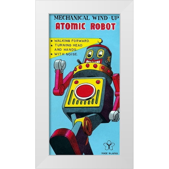 Retrobot 18x32 White Modern Wood Framed Museum Art Print Titled - Mechanical Wind-Up Atomic Robot