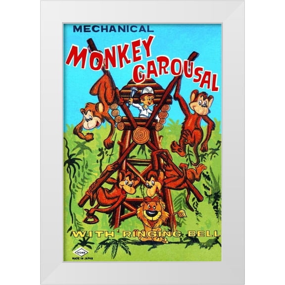 Retrobot 23x32 White Modern Wood Framed Museum Art Print Titled - Mechanical Monkey Carousal