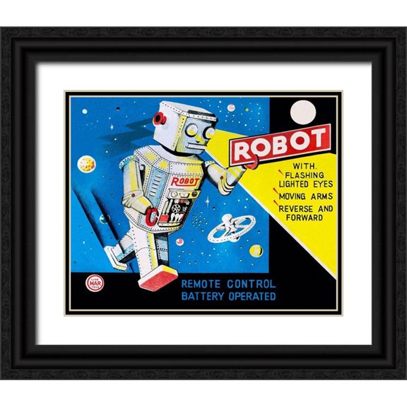 Retrobot 24x20 Black Ornate Wood Framed with Double Matting Museum Art Print Titled - Robot with Flashing Lighted Eyes