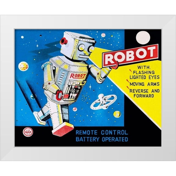 Retrobot 24x20 White Modern Wood Framed Museum Art Print Titled - Robot with Flashing Lighted Eyes