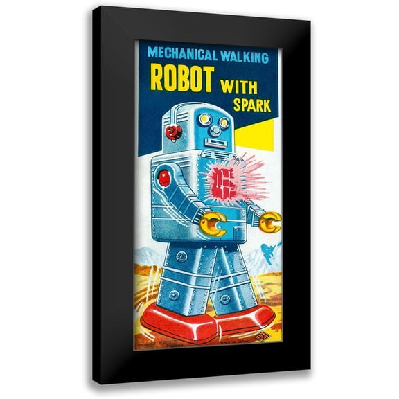 Retrobot 9x14 Black Modern Framed Museum Art Print Titled - Mechanical Walking Robot with Spark